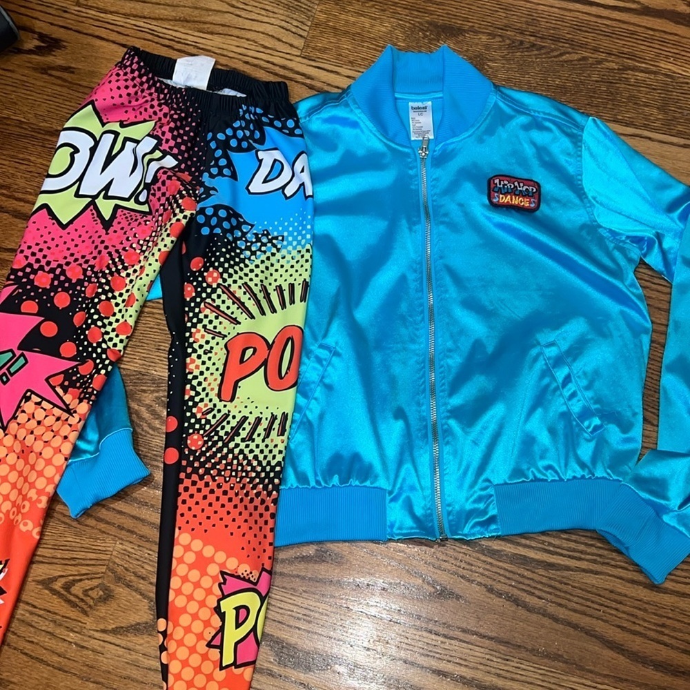 Girls satin bomber jacket and pop art leggings size 8. Great 90s costume!